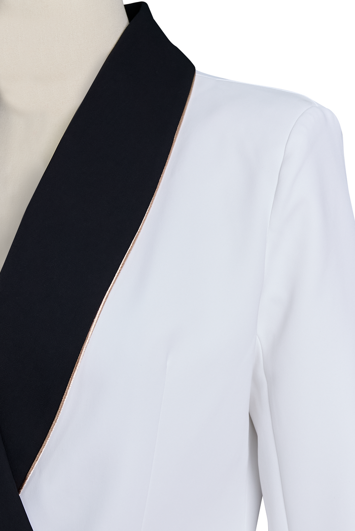 Ludmilla | Elegant Asymmetrical White Blazer with Black Contrast Lapels