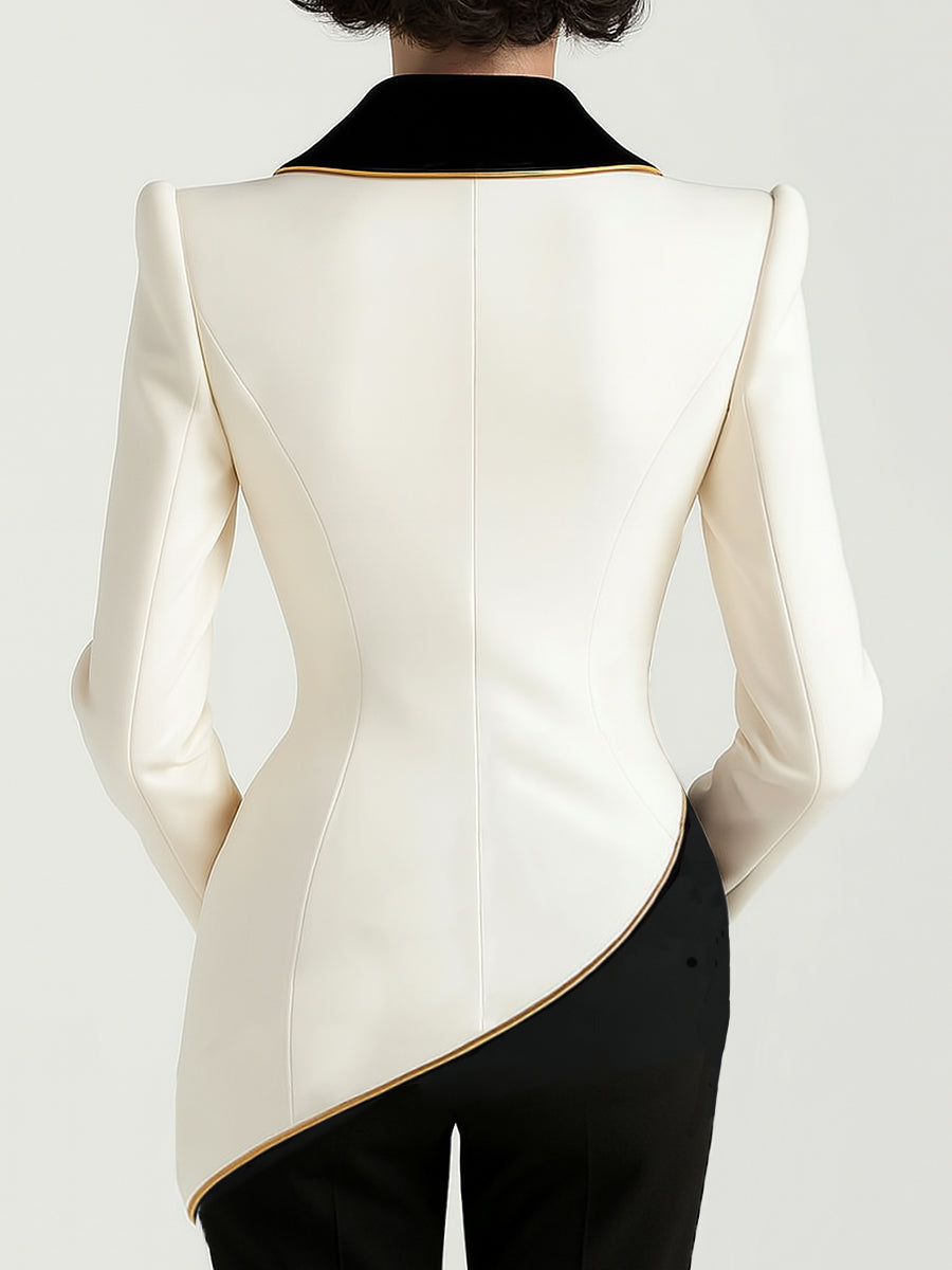 Ludmilla | Elegant Asymmetrical White Blazer with Black Contrast Lapels