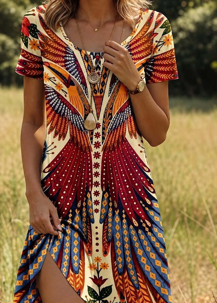 Martina | Women's short-sleeved peacock and floral print dress