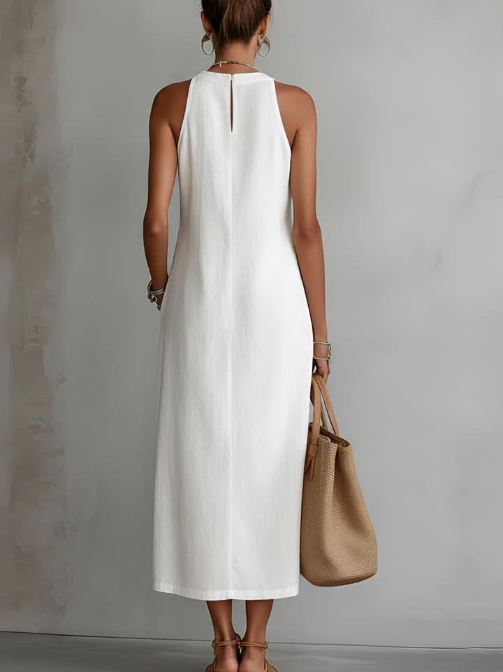 Giulia | Abito Midi in Lino con Collo Mao