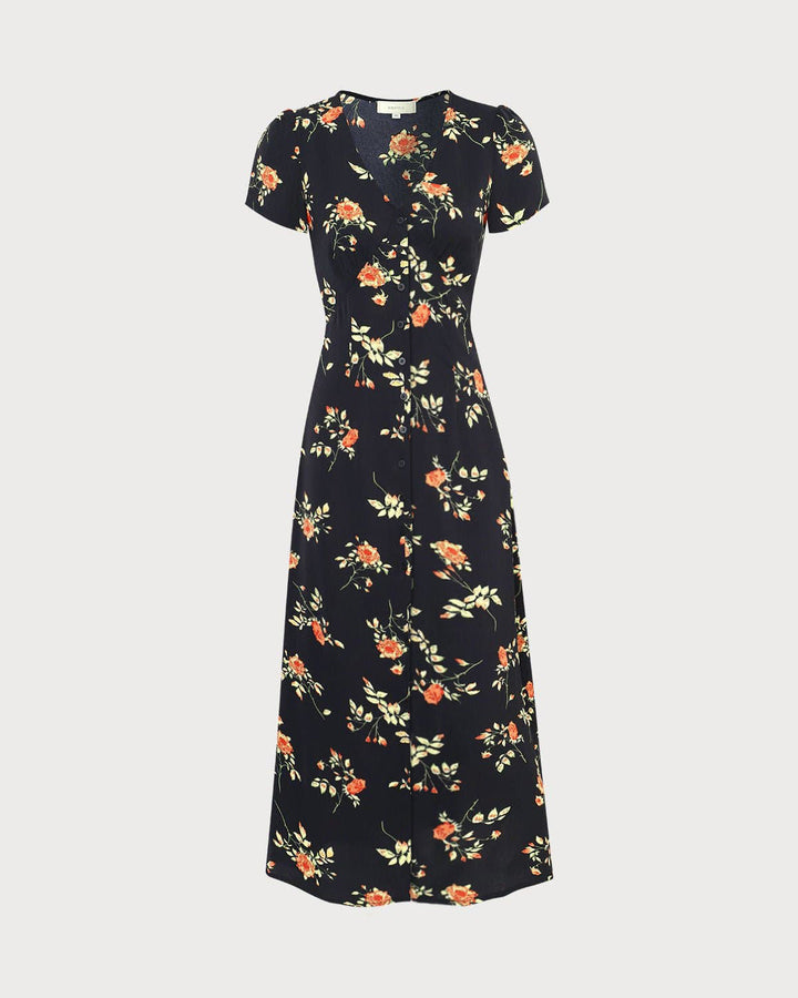 Hannah | Robe noire à col en V et manches courtes